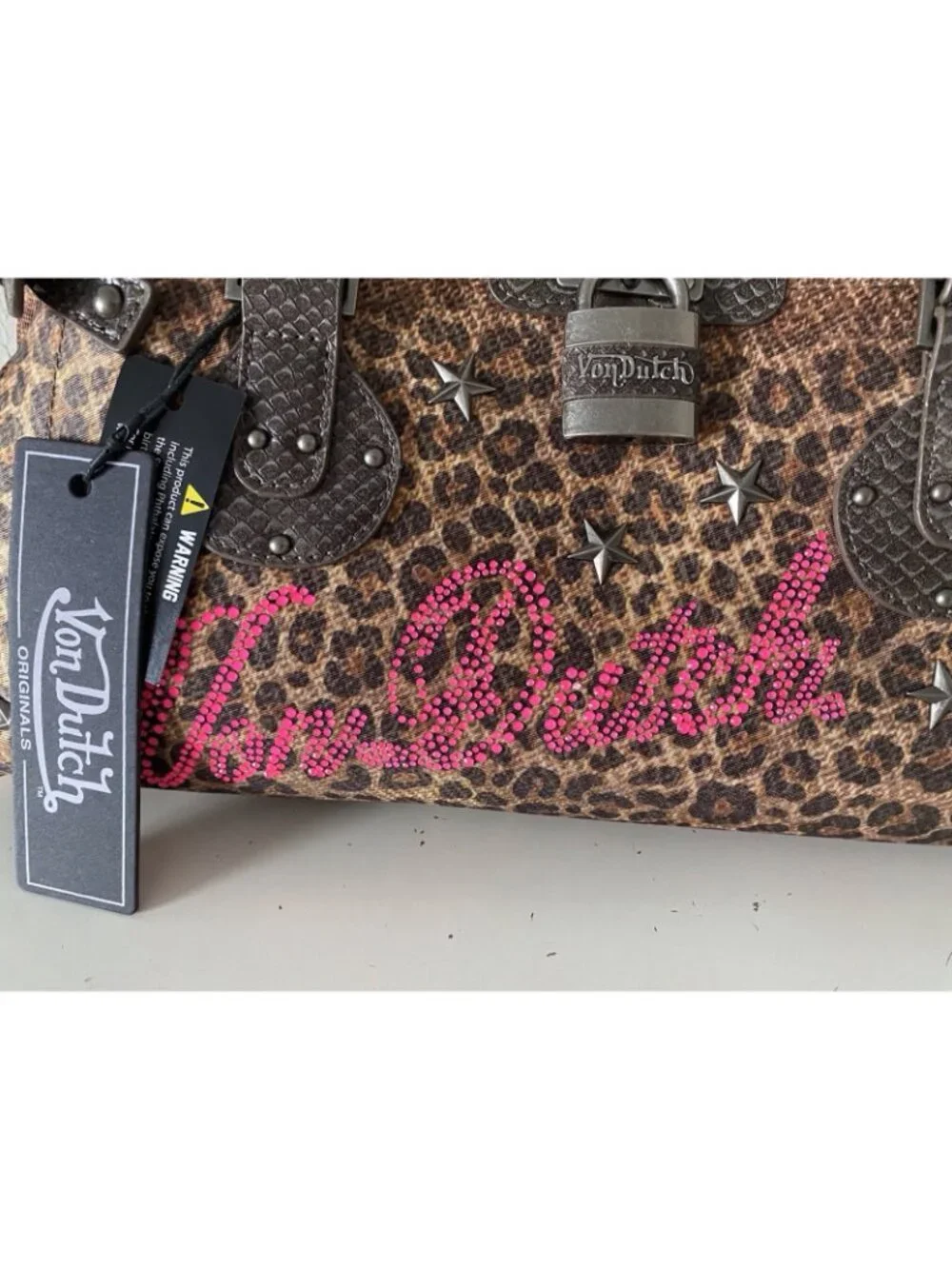 Von Dutch Leopard Print Bree Satchel Bag Animal Print Chic Orange W/Lock Charm